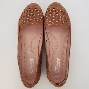 Forever Comfort Brown Laser-Cut Flats w/ Rhinestones | Size 8